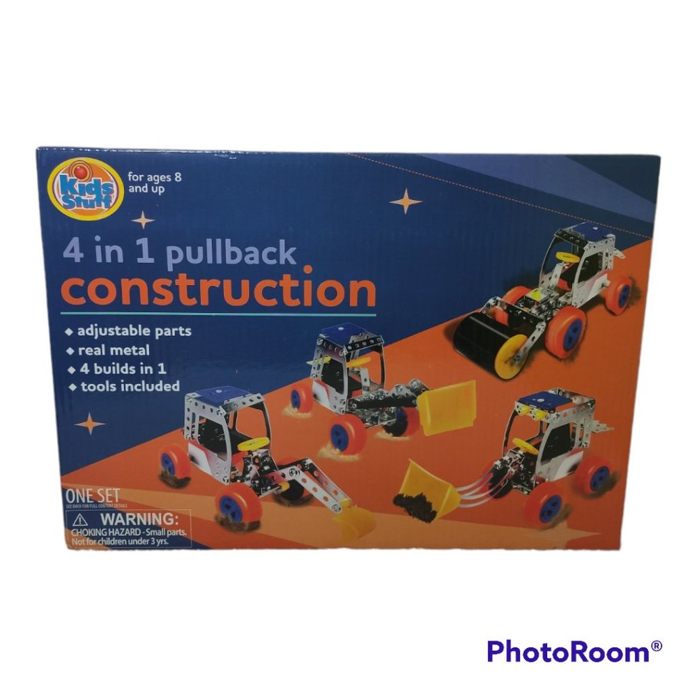 4 in 1 Pullback Construction Vehicle Building Kit 168 Pc Set Metal Tools Ages 8+